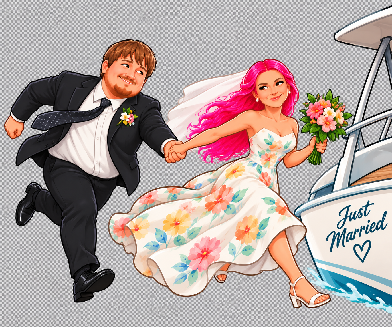Illustration of a newlywed couple running toward a boat with Just Married painted on the side