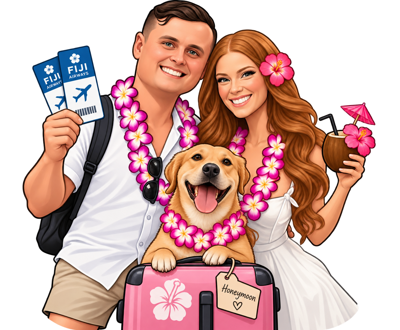 Illustration of a couple with their dog, honeymoon suitcase and boarding passes
