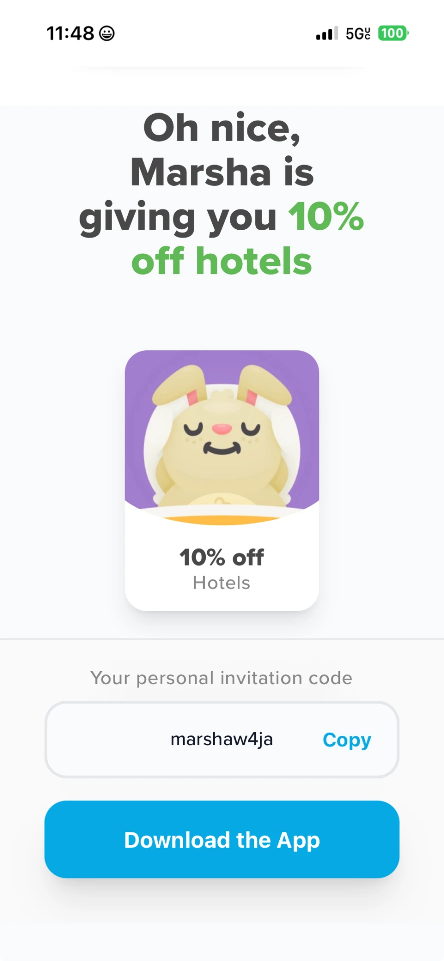 Hopper promo code marshaw4ja invite screen showing 10% off hotels