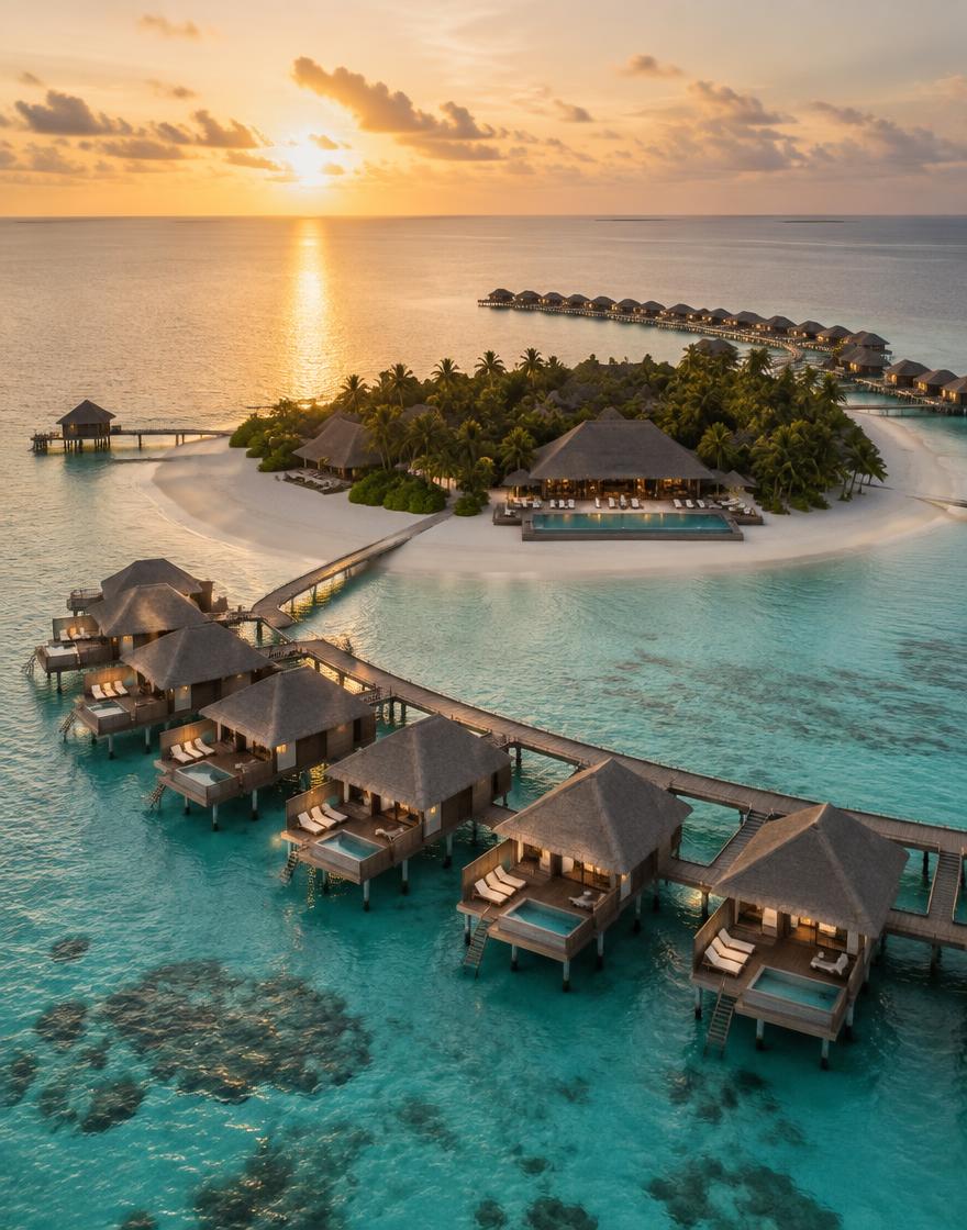 Aerial view of a luxury resort in the Maldives at sunset