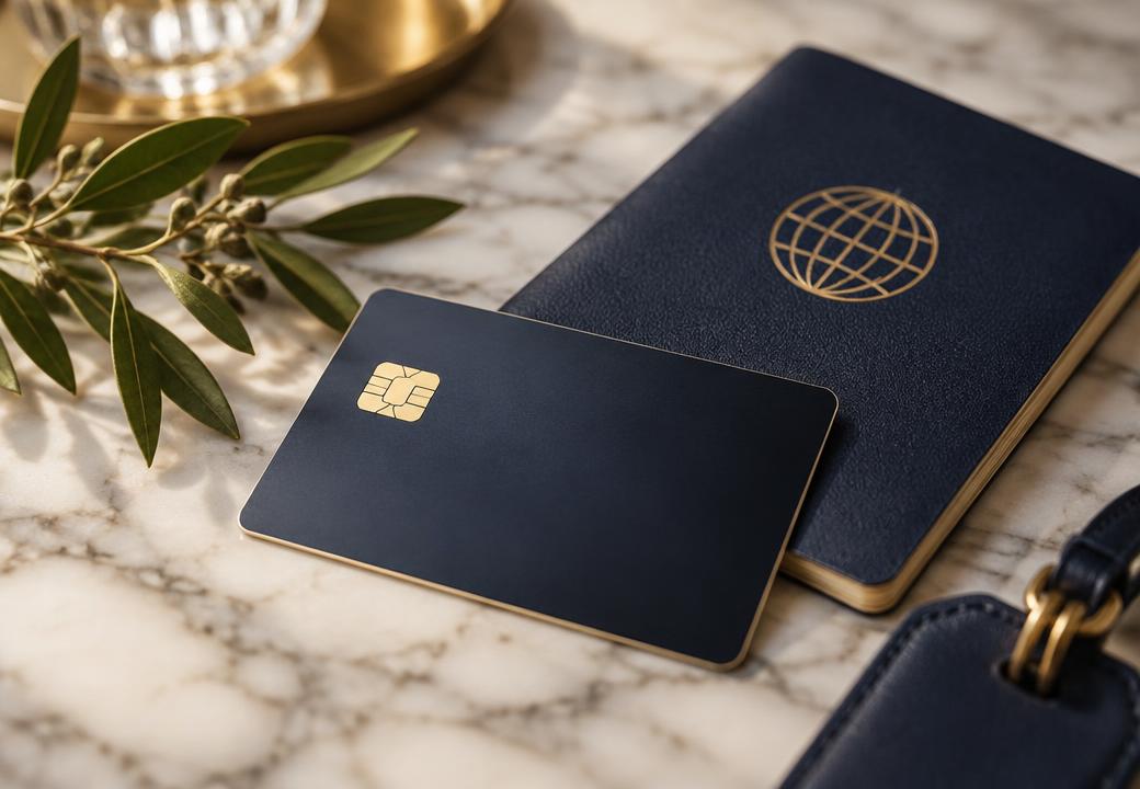 A premium credit card and passport on a marble table